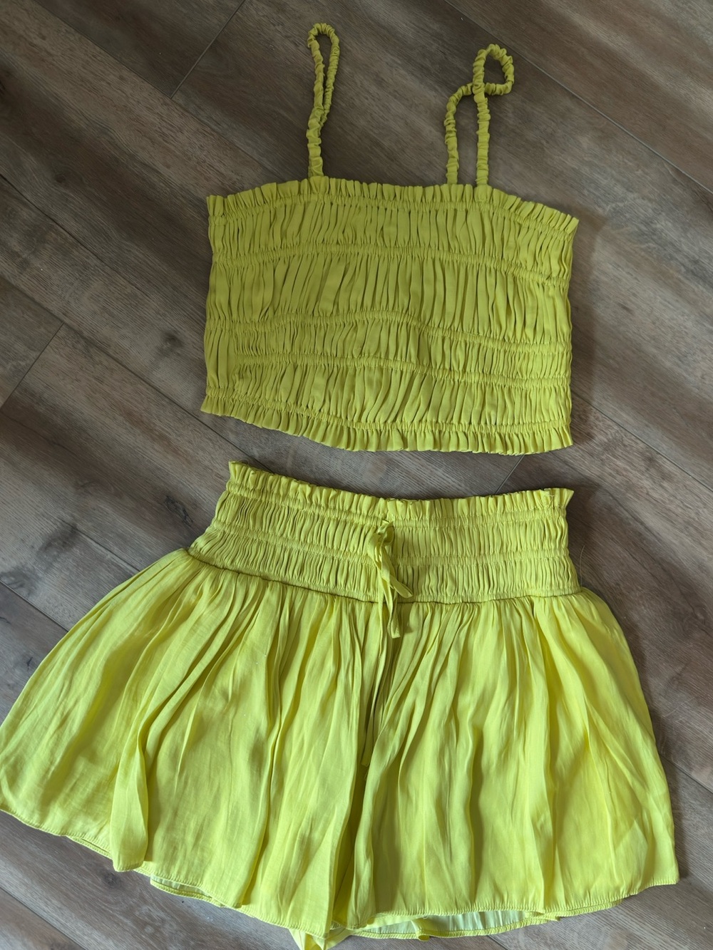 Bright Yellow Smocked Crop Top & High-Waist Flow Shorts Set